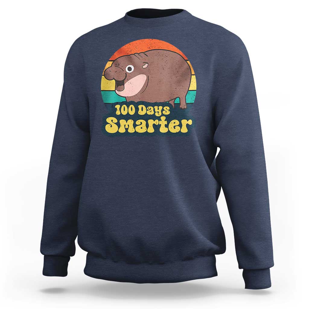 100th Day Of School Sweatshirt Moo Deng 100 Days Smarter Retro Baby Hippo - Wonder Print Shop