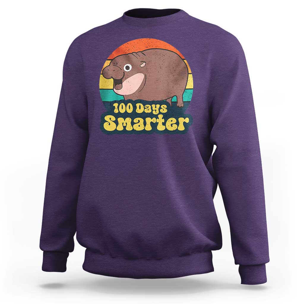 100th Day Of School Sweatshirt Moo Deng 100 Days Smarter Retro Baby Hippo - Wonder Print Shop