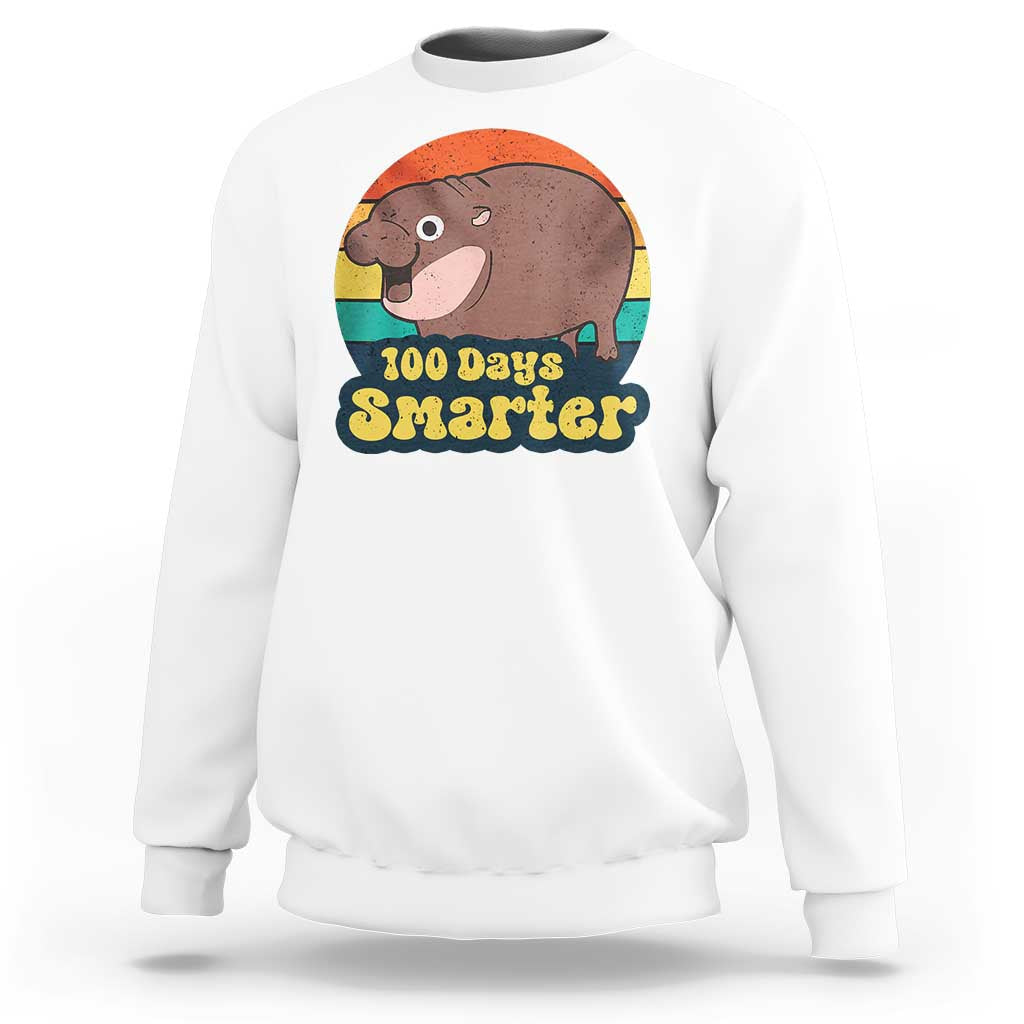 100th Day Of School Sweatshirt Moo Deng 100 Days Smarter Retro Baby Hippo - Wonder Print Shop