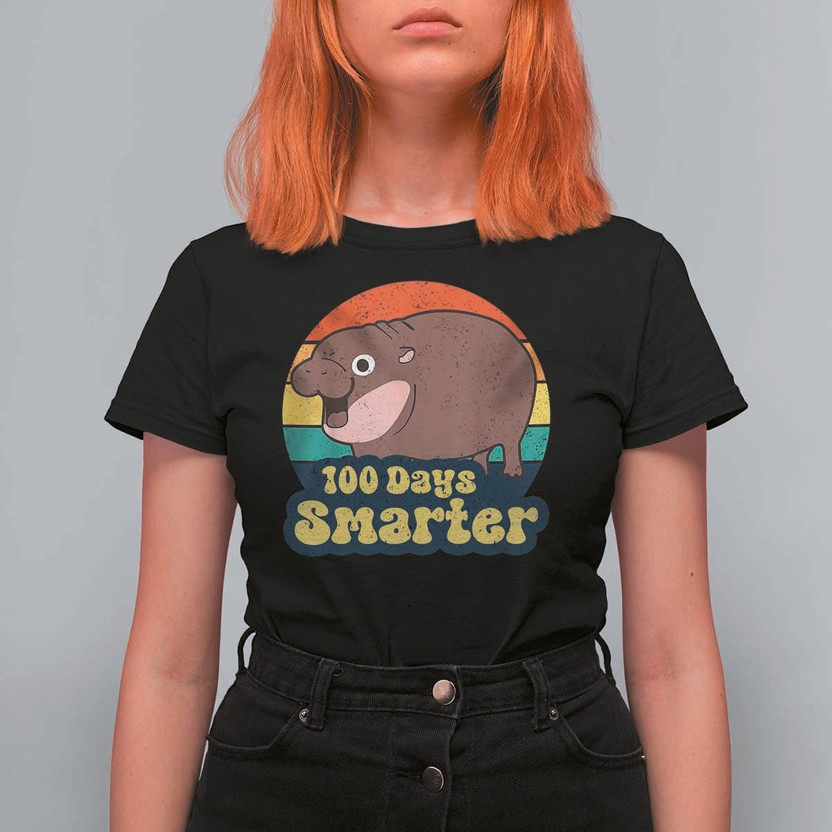 100th Day Of School T Shirt For Women Moo Deng 100 Days Smarter Retro Baby Hippo - Wonder Print Shop