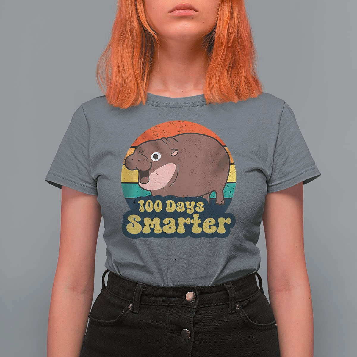 100th Day Of School T Shirt For Women Moo Deng 100 Days Smarter Retro Baby Hippo - Wonder Print Shop