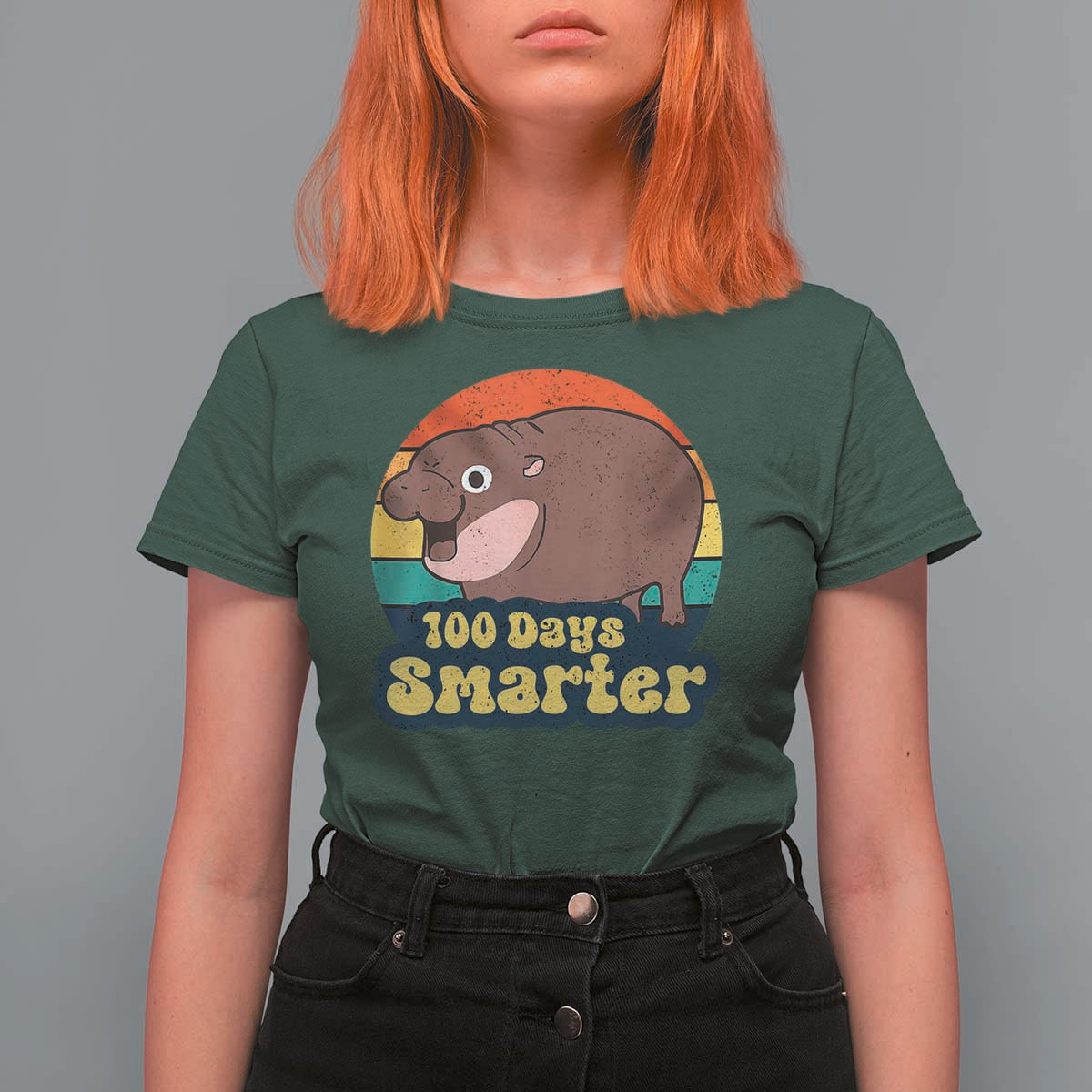 100th Day Of School T Shirt For Women Moo Deng 100 Days Smarter Retro Baby Hippo - Wonder Print Shop