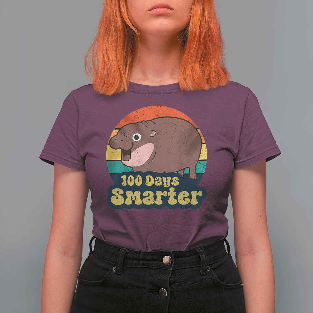 100th Day Of School T Shirt For Women Moo Deng 100 Days Smarter Retro Baby Hippo - Wonder Print Shop