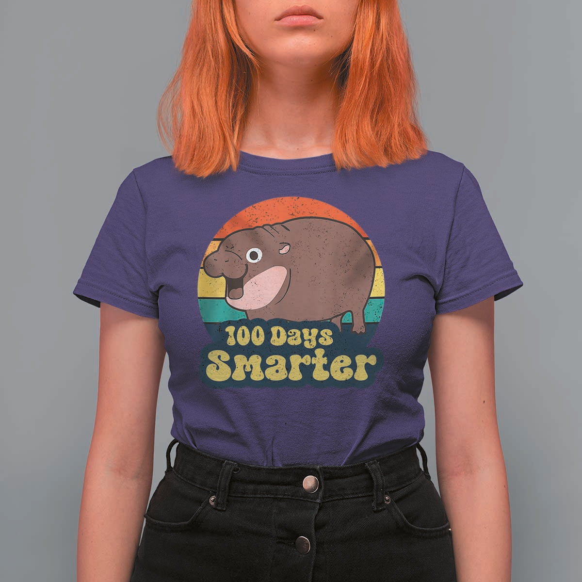 100th Day Of School T Shirt For Women Moo Deng 100 Days Smarter Retro Baby Hippo - Wonder Print Shop