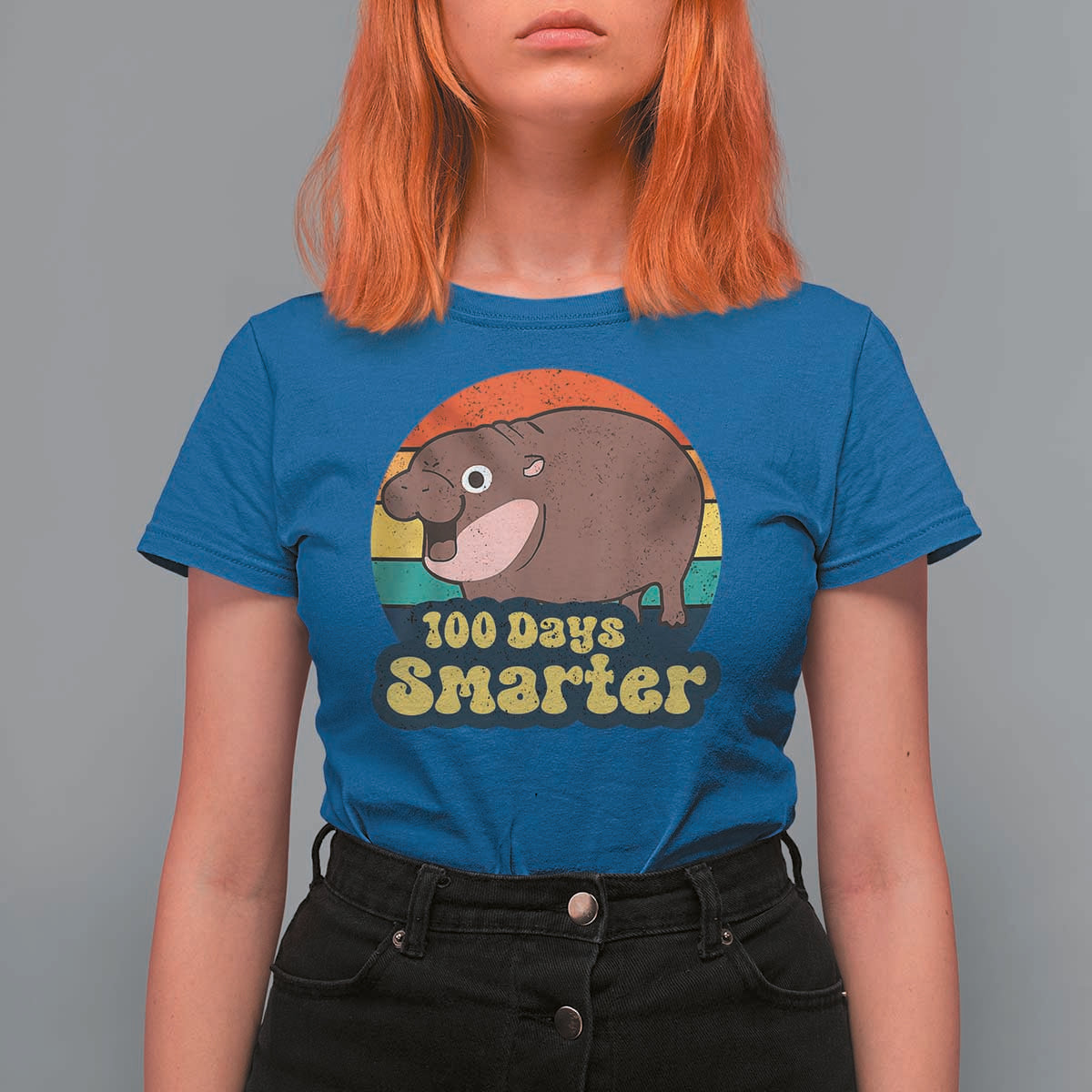 100th Day Of School T Shirt For Women Moo Deng 100 Days Smarter Retro Baby Hippo - Wonder Print Shop