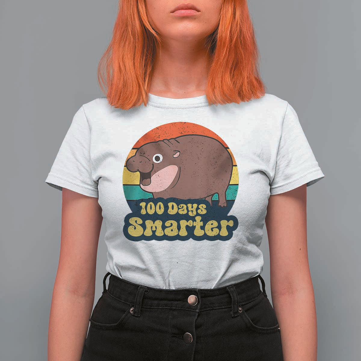 100th Day Of School T Shirt For Women Moo Deng 100 Days Smarter Retro Baby Hippo - Wonder Print Shop