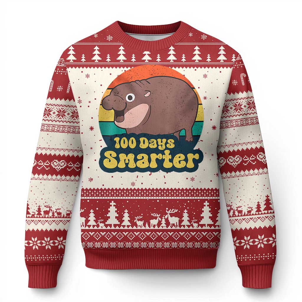 100th Day Of School Ugly Christmas Sweater Moo Deng 100 Days Smarter Retro Baby Hippo - Wonder Print Shop