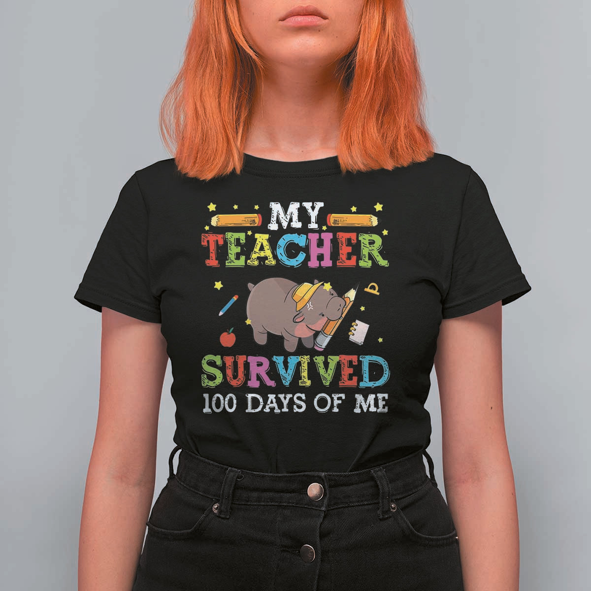Funny Moo Deng 100th Day Of School T Shirt For Women My Teacher Survived 100 Days Of Me - Wonder Print Shop