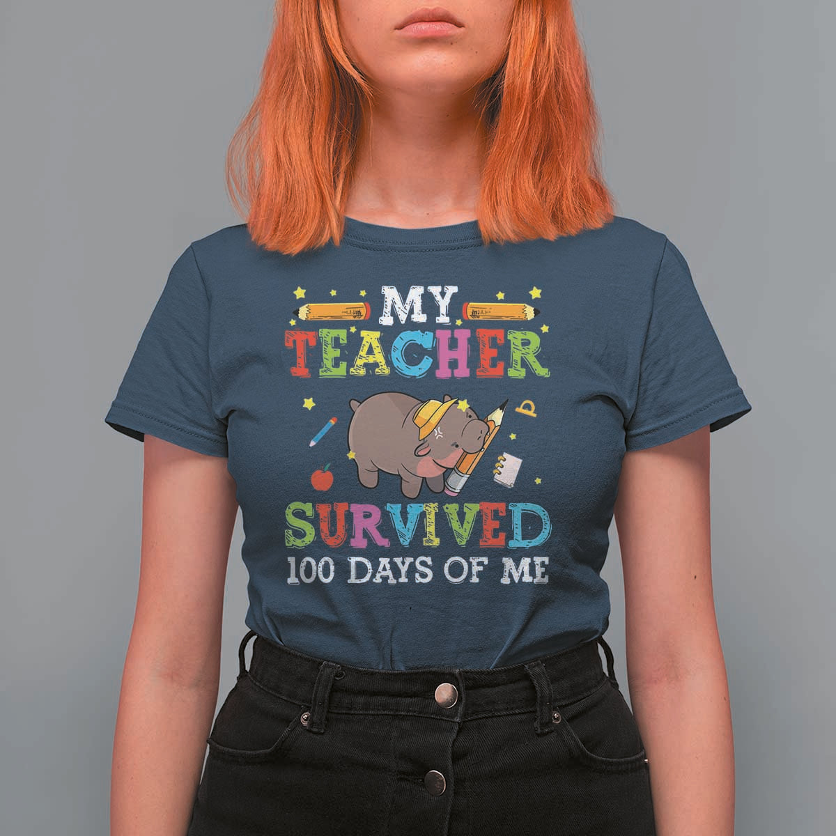 Funny Moo Deng 100th Day Of School T Shirt For Women My Teacher Survived 100 Days Of Me - Wonder Print Shop