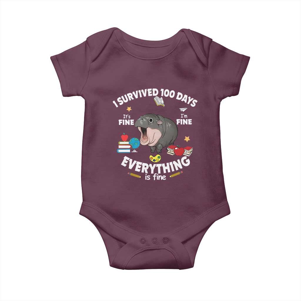 Funny Moo Deng 100th Day Of School Baby Onesie I Survived 100 Days Everything Is Fine