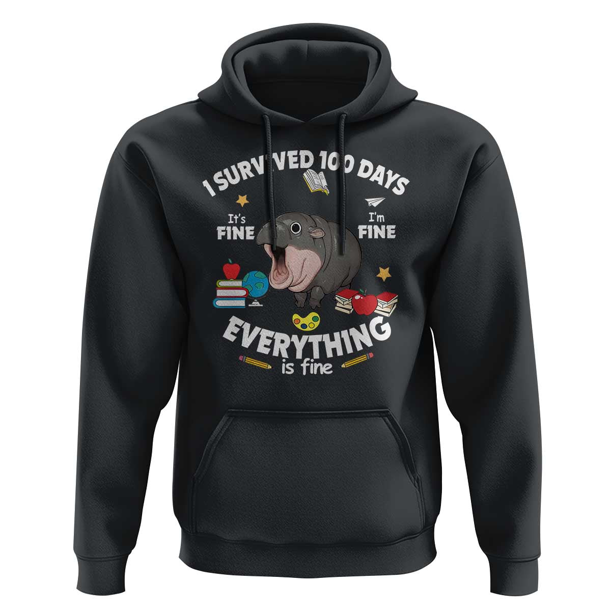 Funny Moo Deng 100th Day Of School Hoodie I Survived 100 Days Everything Is Fine