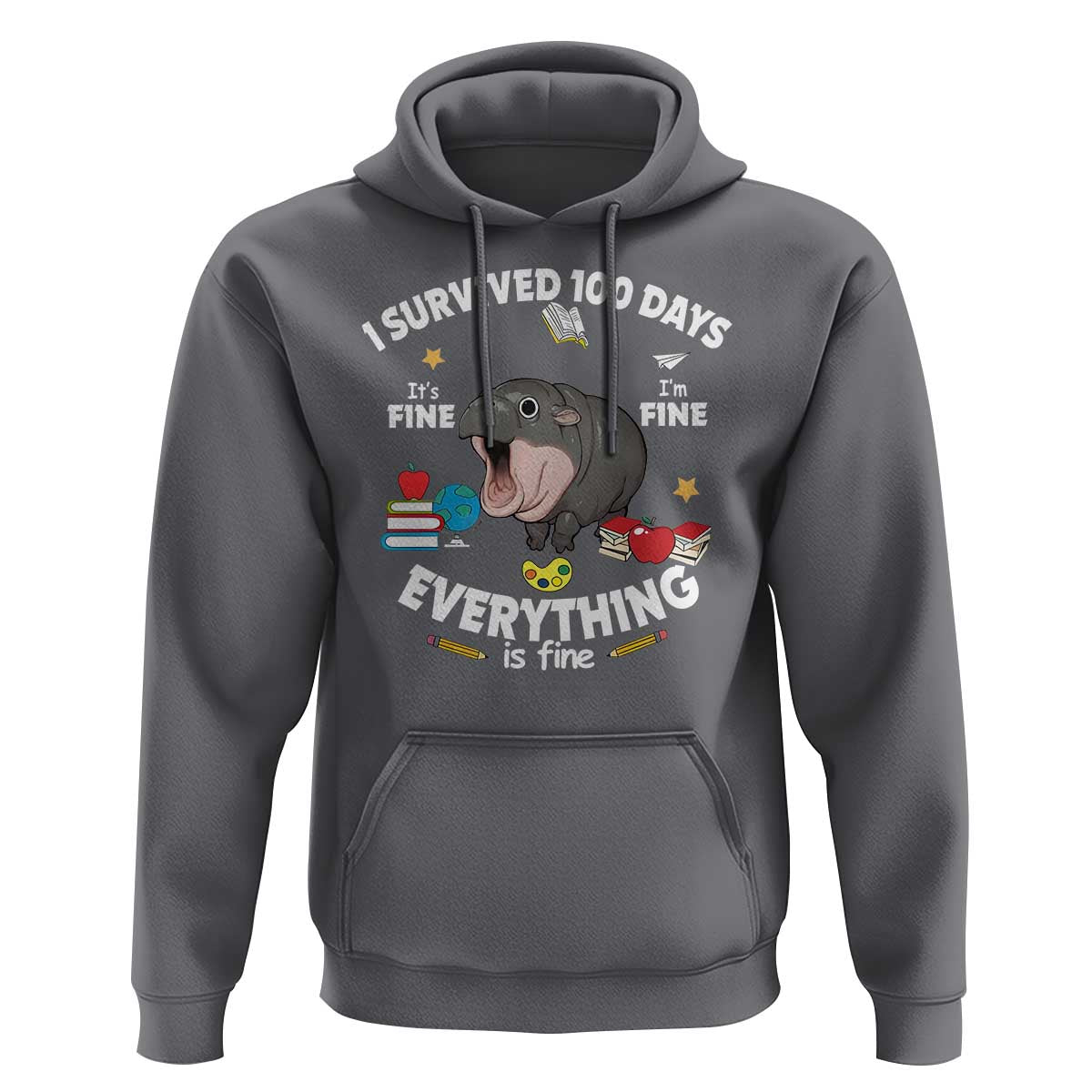 Funny Moo Deng 100th Day Of School Hoodie I Survived 100 Days Everything Is Fine