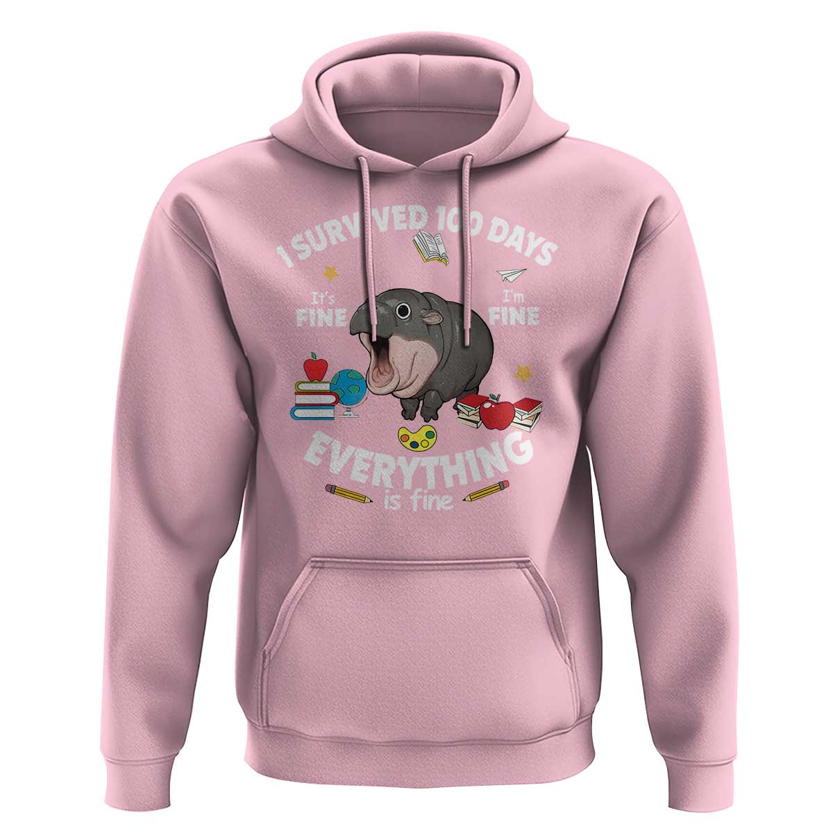 Funny Moo Deng 100th Day Of School Hoodie I Survived 100 Days Everything Is Fine