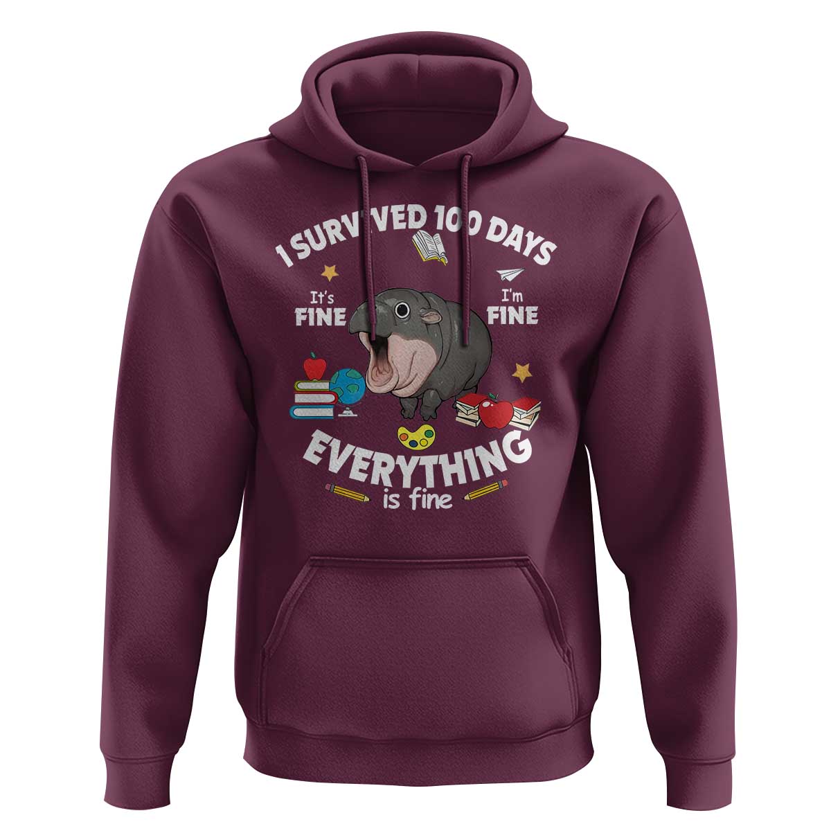 Funny Moo Deng 100th Day Of School Hoodie I Survived 100 Days Everything Is Fine