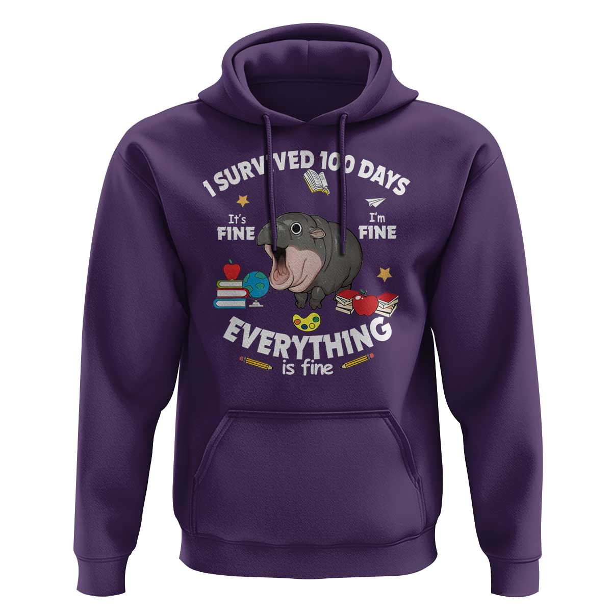 Funny Moo Deng 100th Day Of School Hoodie I Survived 100 Days Everything Is Fine