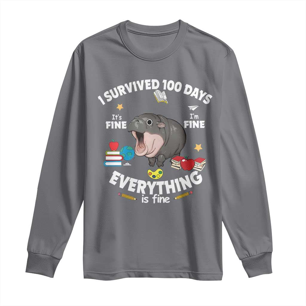 Funny Moo Deng 100th Day Of School Long Sleeve Shirt I Survived 100 Days Everything Is Fine