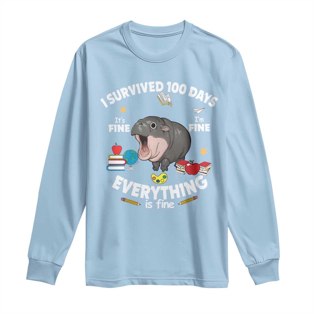 Funny Moo Deng 100th Day Of School Long Sleeve Shirt I Survived 100 Days Everything Is Fine