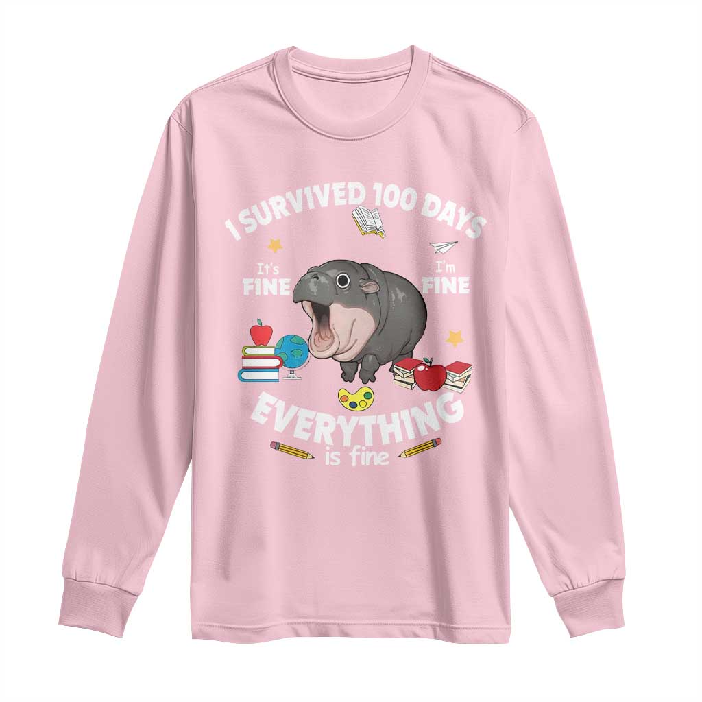 Funny Moo Deng 100th Day Of School Long Sleeve Shirt I Survived 100 Days Everything Is Fine