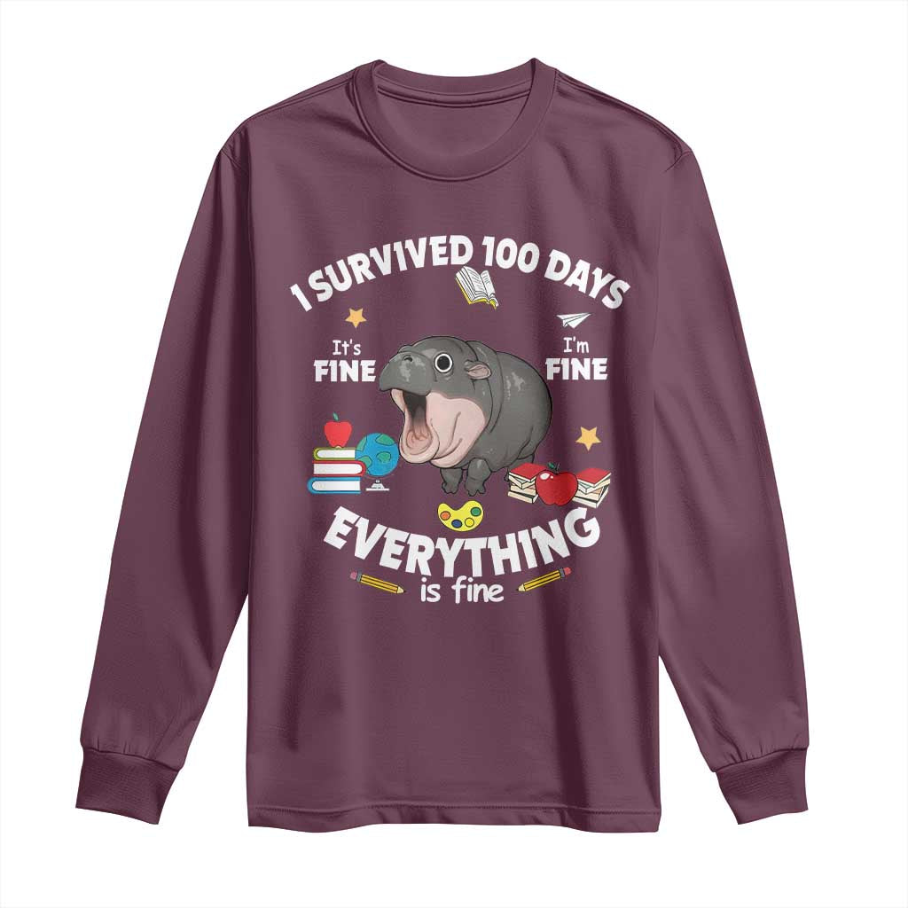 Funny Moo Deng 100th Day Of School Long Sleeve Shirt I Survived 100 Days Everything Is Fine