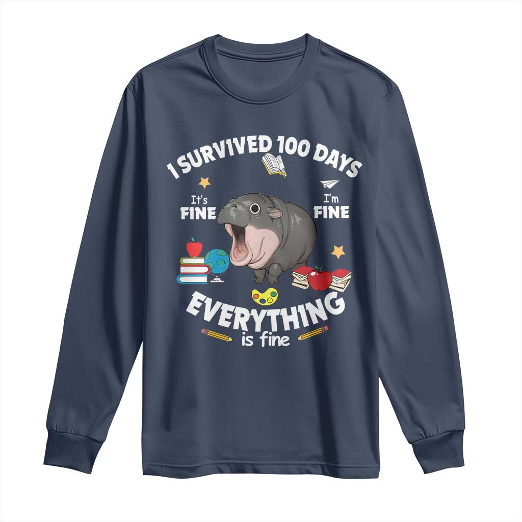 Funny Moo Deng 100th Day Of School Long Sleeve Shirt I Survived 100 Days Everything Is Fine