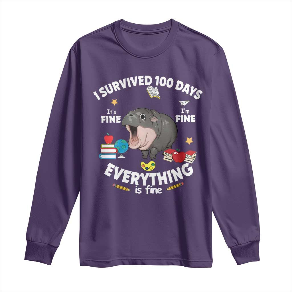 Funny Moo Deng 100th Day Of School Long Sleeve Shirt I Survived 100 Days Everything Is Fine