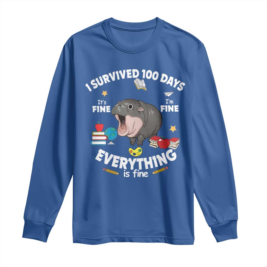 Funny Moo Deng 100th Day Of School Long Sleeve Shirt I Survived 100 Days Everything Is Fine