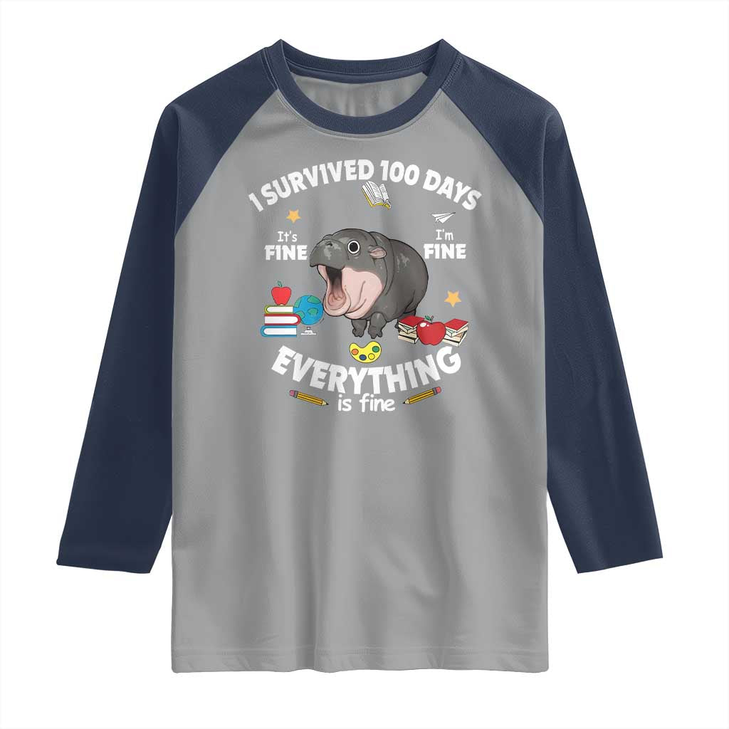 Funny Moo Deng 100th Day Of School Raglan Shirt I Survived 100 Days Everything Is Fine