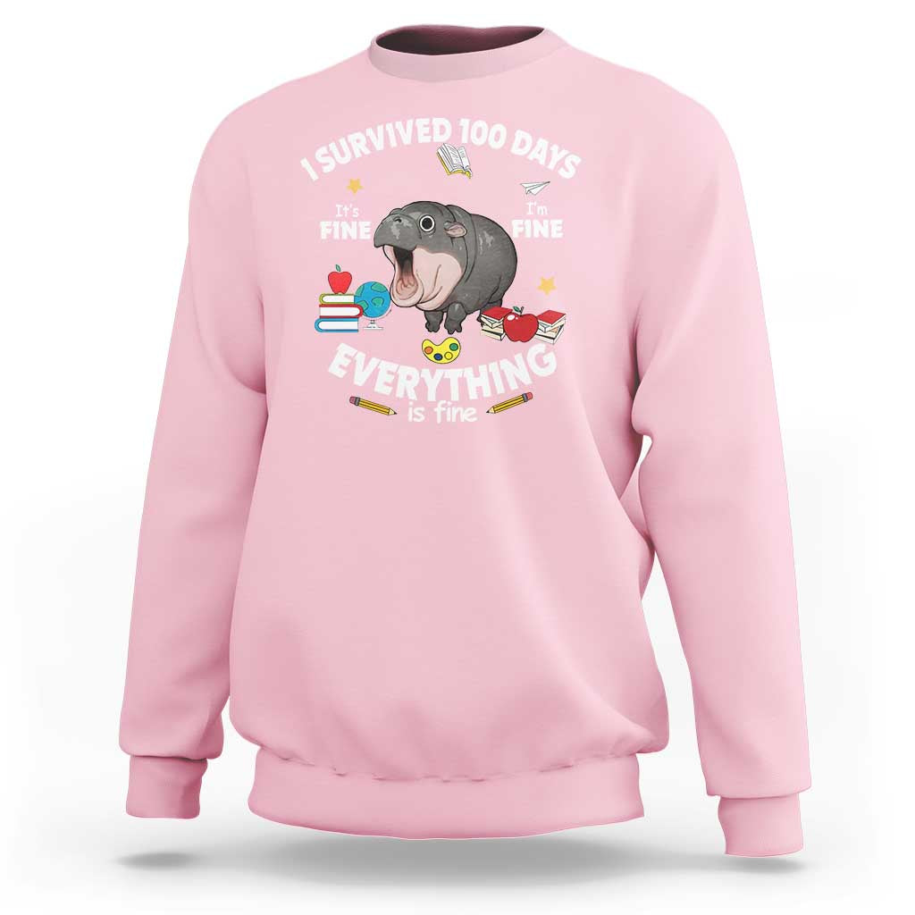 Funny Moo Deng 100th Day Of School Sweatshirt I Survived 100 Days Everything Is Fine - Wonder Print Shop