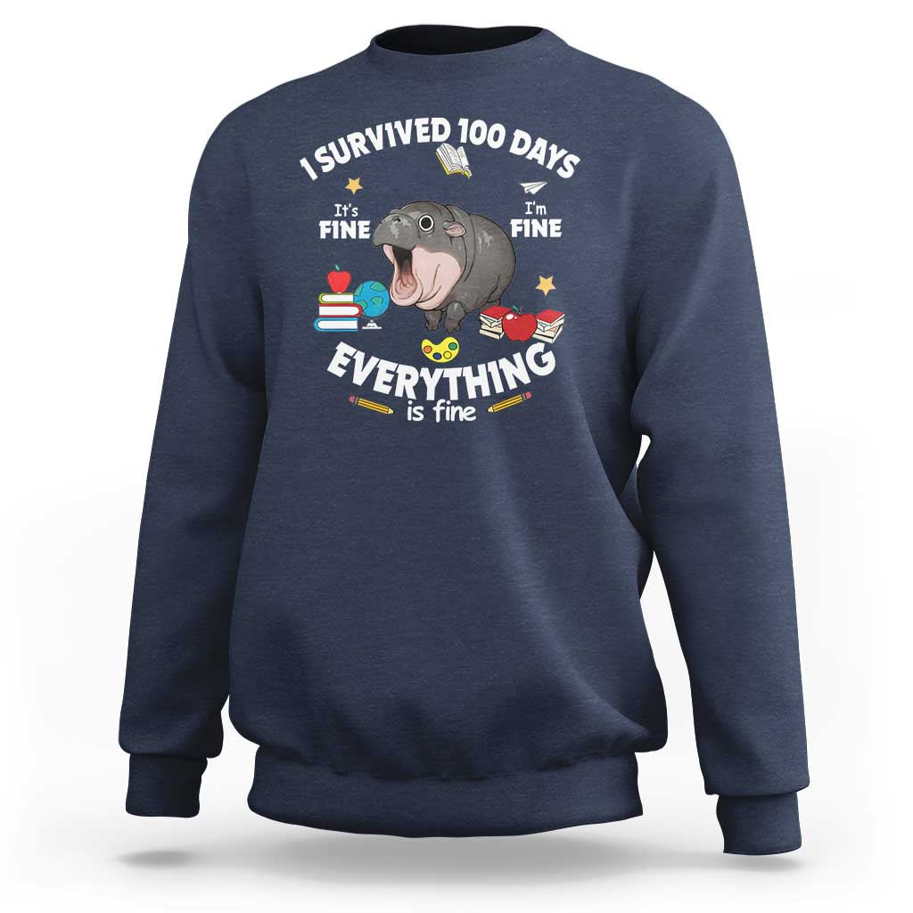 Funny Moo Deng 100th Day Of School Sweatshirt I Survived 100 Days Everything Is Fine - Wonder Print Shop
