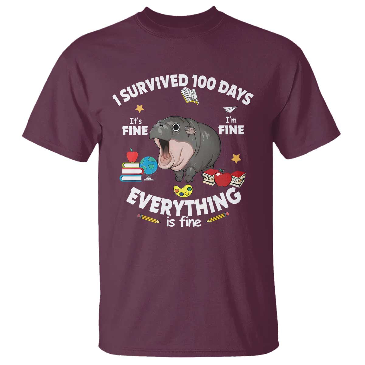 Funny Moo Deng 100th Day Of School T Shirt I Survived 100 Days Everything Is Fine - Wonder Print Shop