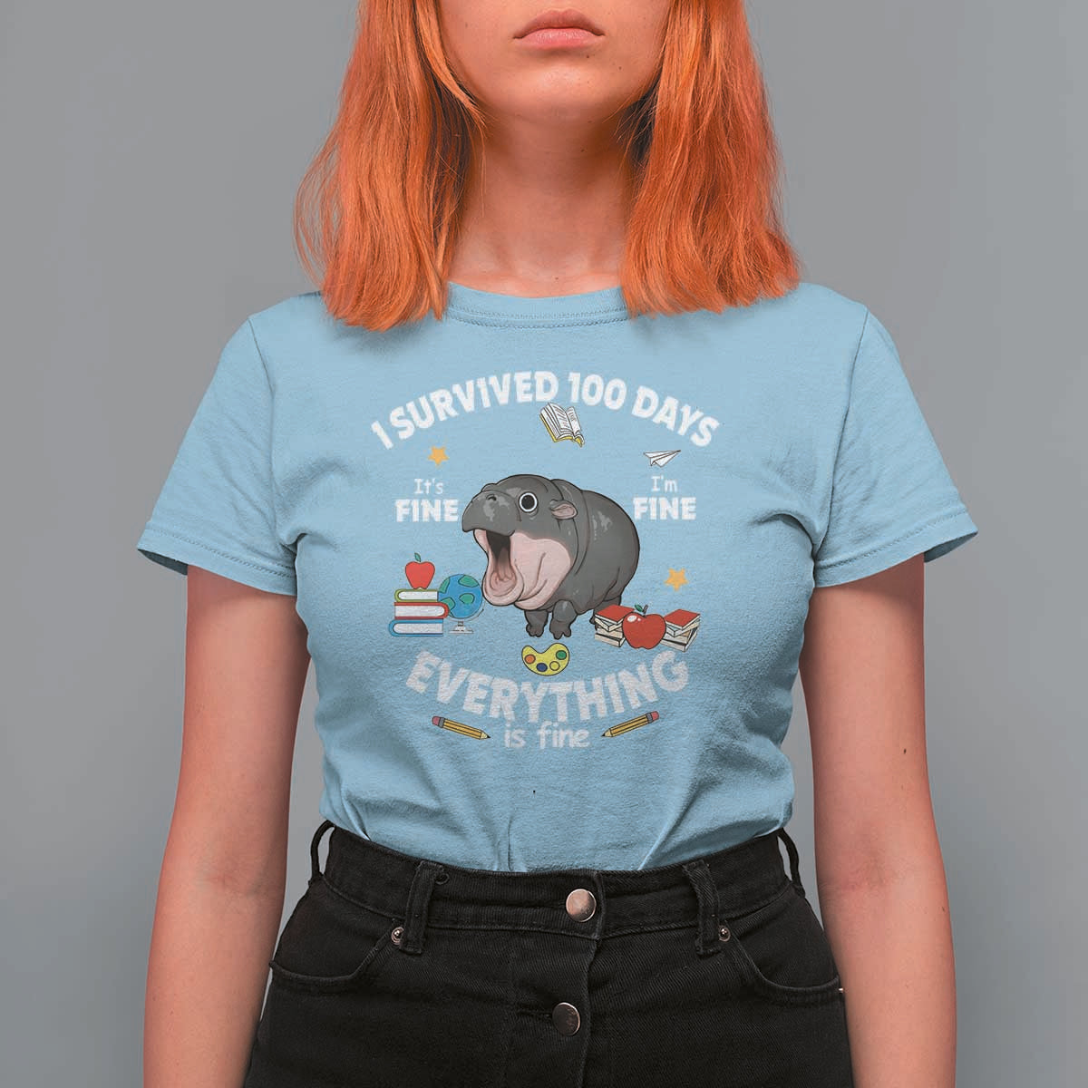 Funny Moo Deng 100th Day Of School T Shirt For Women I Survived 100 Days Everything Is Fine - Wonder Print Shop