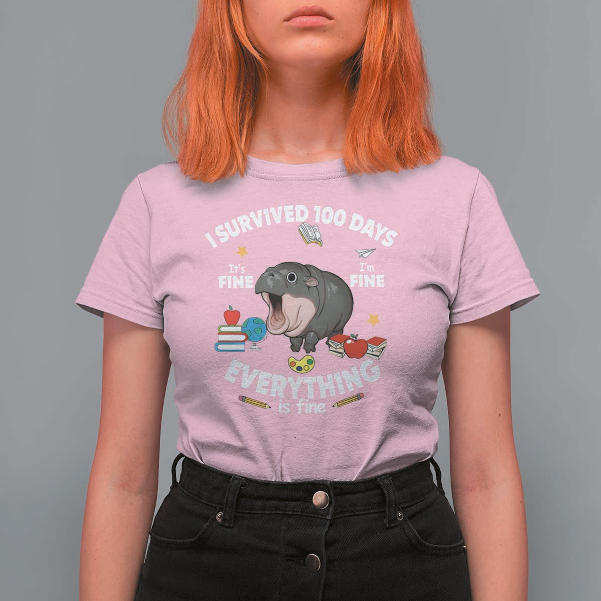 Funny Moo Deng 100th Day Of School T Shirt For Women I Survived 100 Days Everything Is Fine - Wonder Print Shop