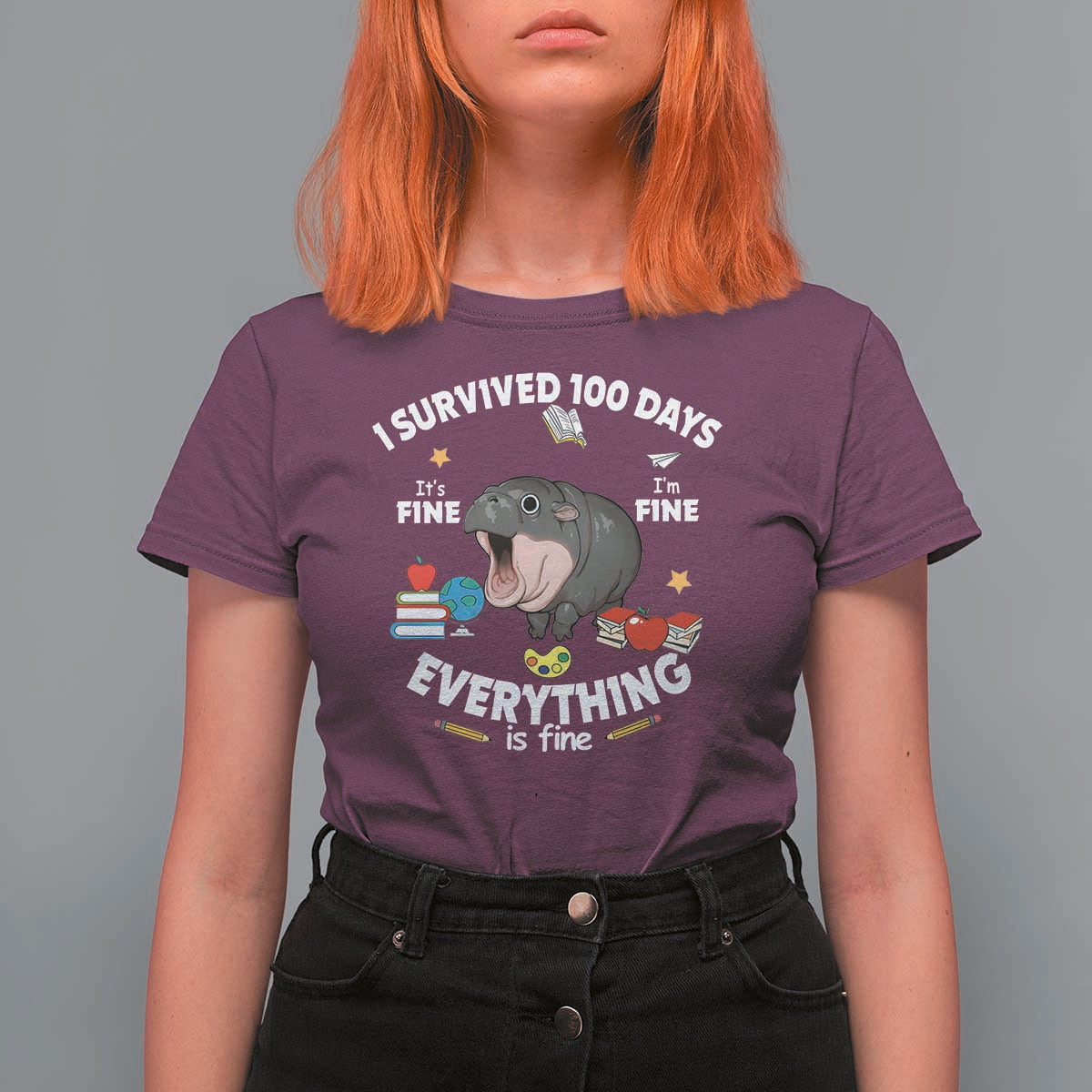Funny Moo Deng 100th Day Of School T Shirt For Women I Survived 100 Days Everything Is Fine - Wonder Print Shop