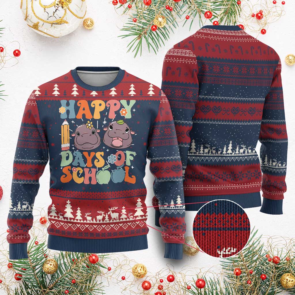 Happy 100 Days Of School Cute Moo Deng Ugly Christmas Sweater - Wonder Print Shop