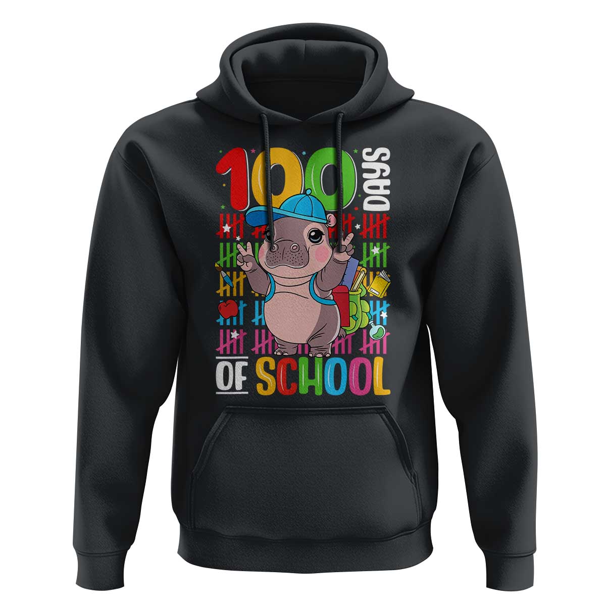 Funny 100th Day Of School Moo Deng Hoodie Cute Baby Hippo Colorful 100 Days