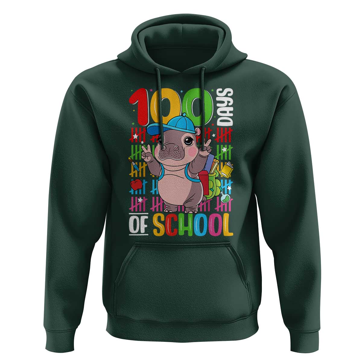 Funny 100th Day Of School Moo Deng Hoodie Cute Baby Hippo Colorful 100 Days