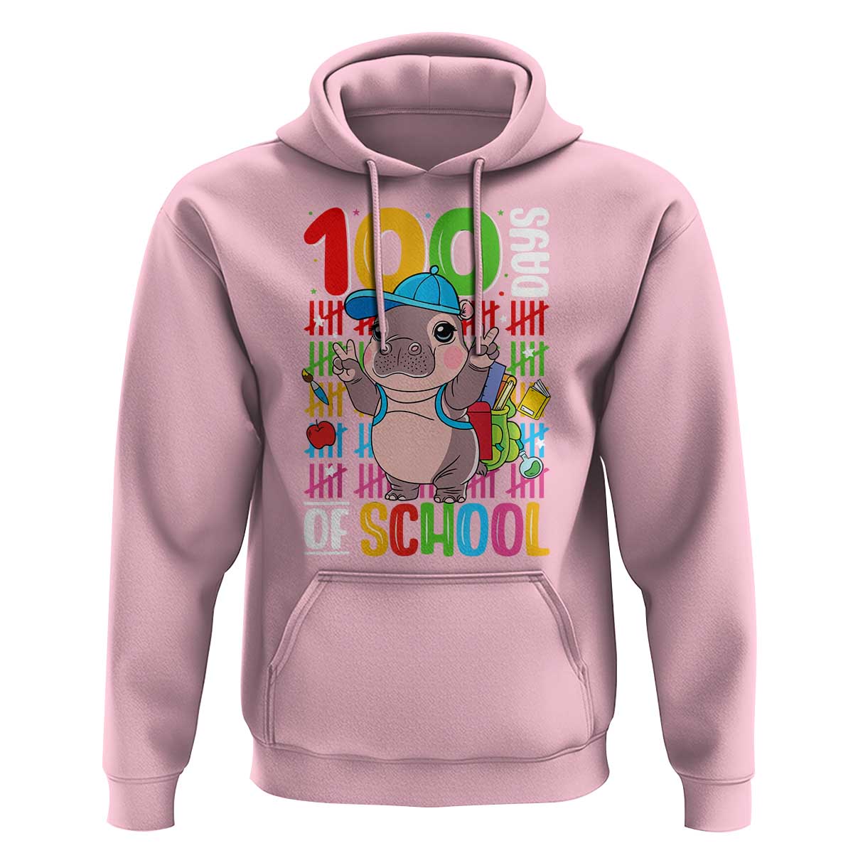 Funny 100th Day Of School Moo Deng Hoodie Cute Baby Hippo Colorful 100 Days
