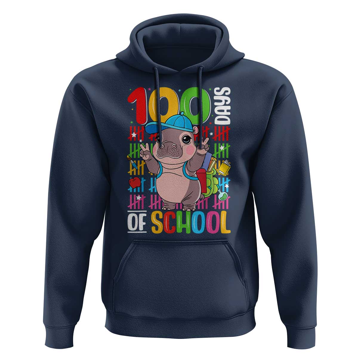 Funny 100th Day Of School Moo Deng Hoodie Cute Baby Hippo Colorful 100 Days