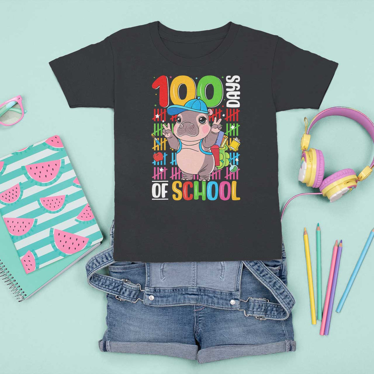 Funny 100th Day Of School Moo Deng T Shirt For Kid Cute Baby Hippo Colorful 100 Days - Wonder Print Shop