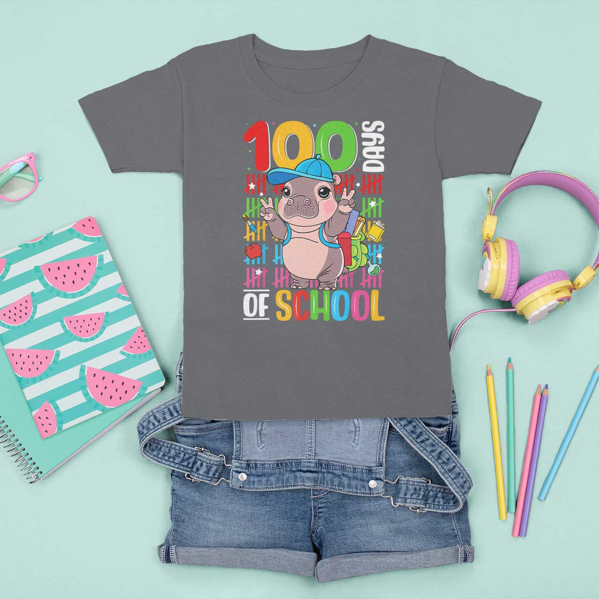 Funny 100th Day Of School Moo Deng T Shirt For Kid Cute Baby Hippo Colorful 100 Days - Wonder Print Shop