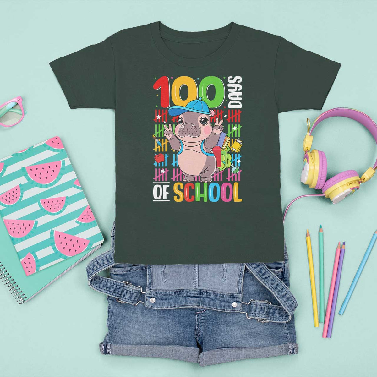 Funny 100th Day Of School Moo Deng T Shirt For Kid Cute Baby Hippo Colorful 100 Days - Wonder Print Shop