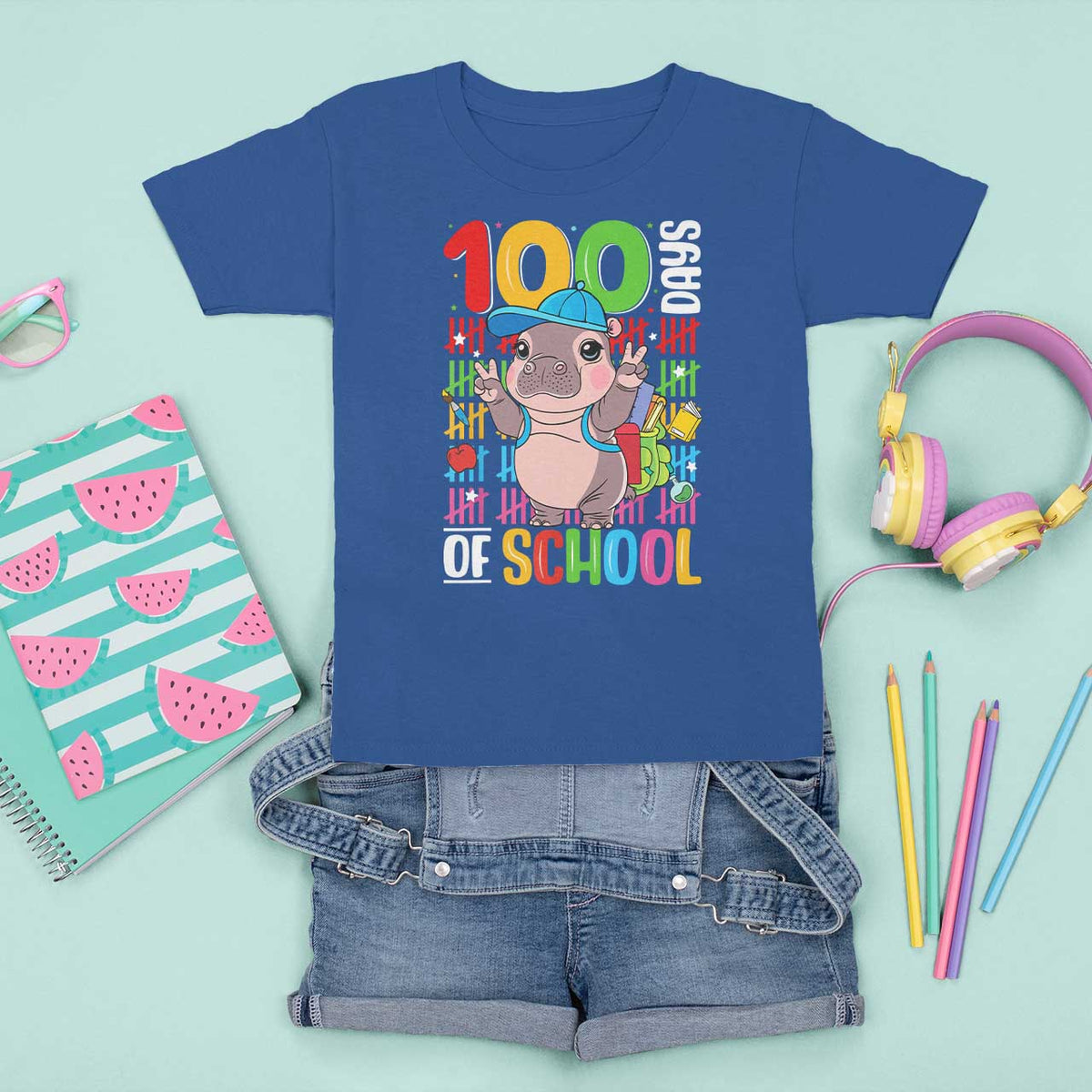 Funny 100th Day Of School Moo Deng T Shirt For Kid Cute Baby Hippo Colorful 100 Days - Wonder Print Shop