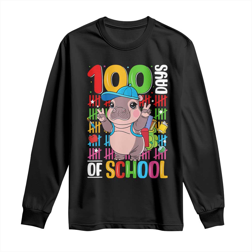 Funny 100th Day Of School Moo Deng Long Sleeve Shirt Cute Baby Hippo Colorful 100 Days