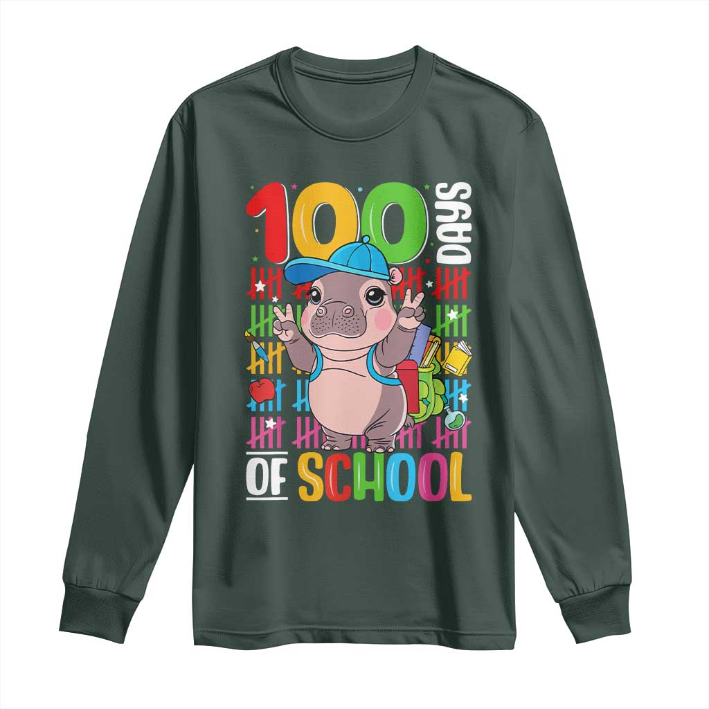 Funny 100th Day Of School Moo Deng Long Sleeve Shirt Cute Baby Hippo Colorful 100 Days