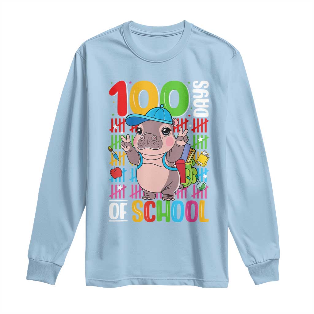 Funny 100th Day Of School Moo Deng Long Sleeve Shirt Cute Baby Hippo Colorful 100 Days