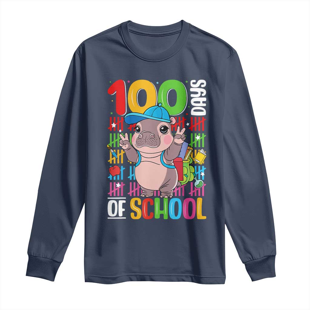 Funny 100th Day Of School Moo Deng Long Sleeve Shirt Cute Baby Hippo Colorful 100 Days
