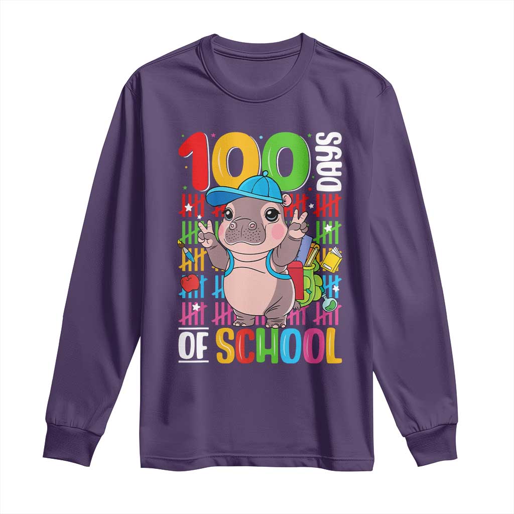 Funny 100th Day Of School Moo Deng Long Sleeve Shirt Cute Baby Hippo Colorful 100 Days