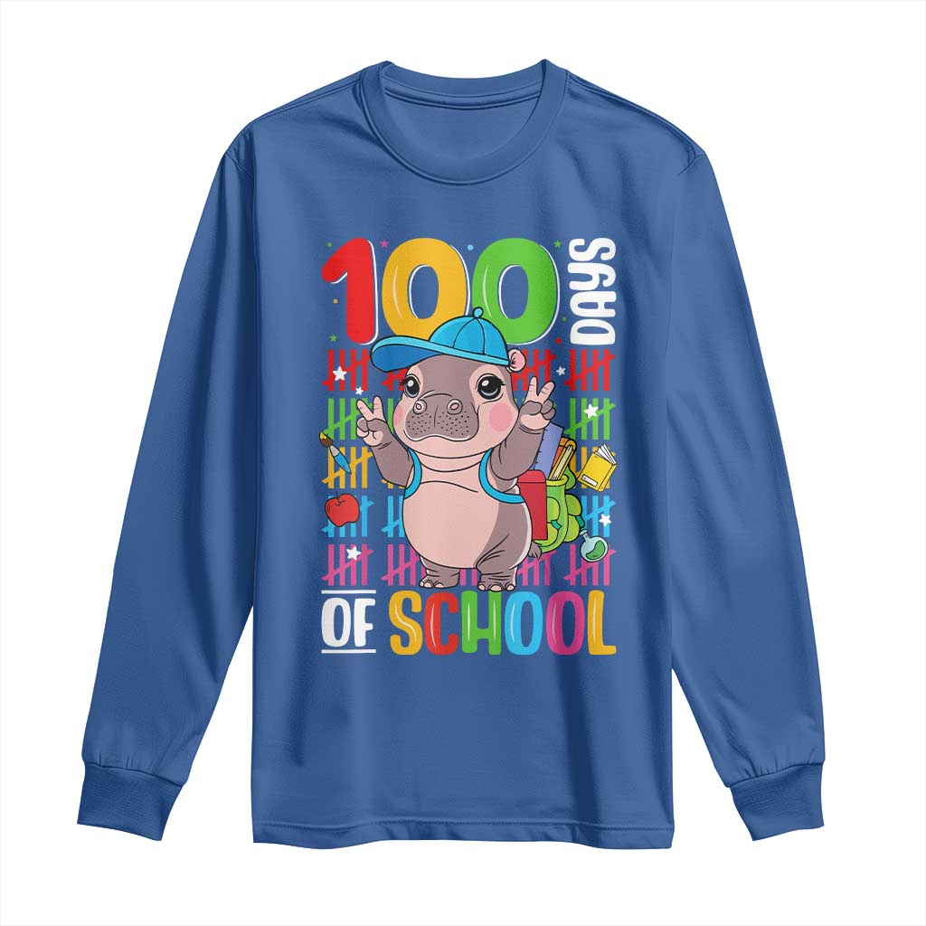 Funny 100th Day Of School Moo Deng Long Sleeve Shirt Cute Baby Hippo Colorful 100 Days
