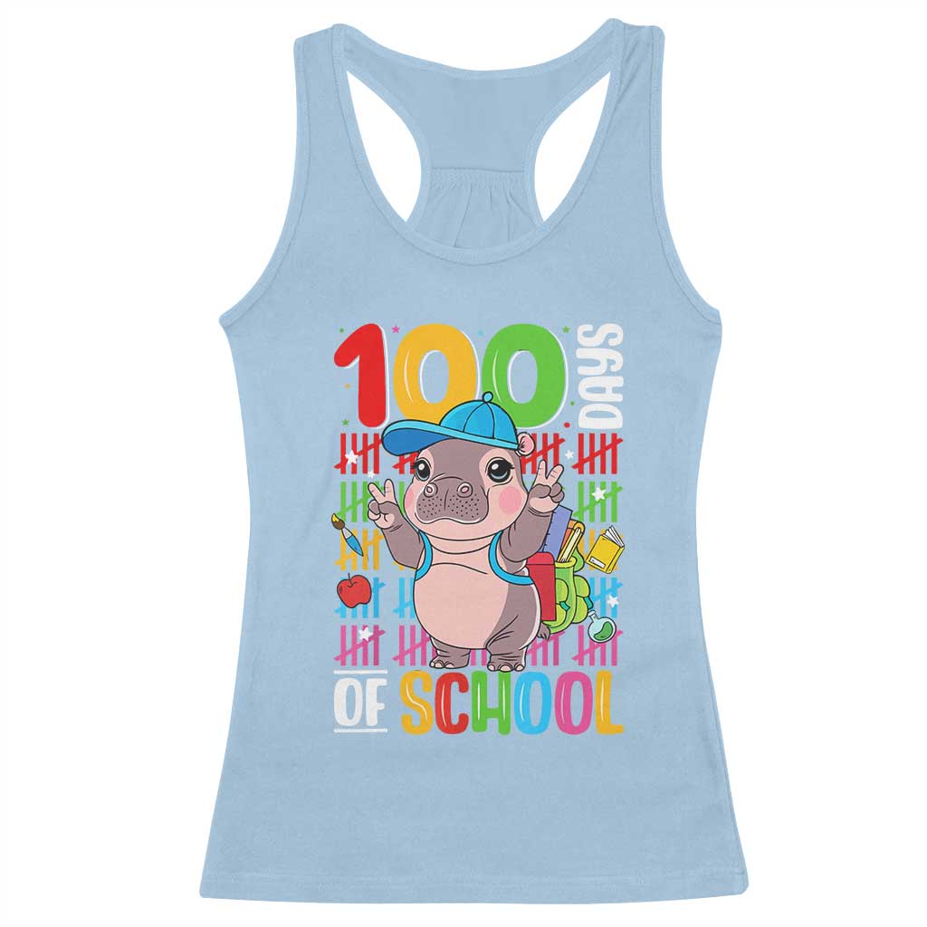 Funny 100th Day Of School Moo Deng Racerback Tank Top Cute Baby Hippo Colorful 100 Days