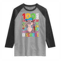 Funny 100th Day Of School Moo Deng Raglan Shirt Cute Baby Hippo Colorful 100 Days